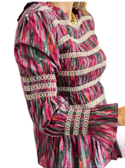 Cotton bougainvillea blouse with honeycomb gathers in gold. One size (up to 38)