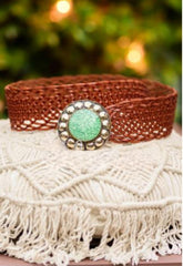 Wide leather belt with Round Buckle. LIGHT TURQUOISE BLUE BUCKLE