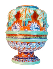 Jarrón de cerámica italiana de la Toscana. En tonos naranja, verde aguamarina y azul. Hecho y pintado a mano. Es una pieza rara