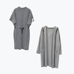 NOVEDAD: Total look : COLECCIÓN HELENA: CONJUNTO de VESTIDO con cinturón + ABRIGO ribeteado. Disponible en color: MARFIL o en GRIS. Talla única. Da hasta la talla 40-42. CALIDAD PREMIUM