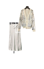 Coleccion HELENA: CONJUNTO de Falda de punto desflecada modelo VAINILLA + Chaqueta de Lentejuelas Helena 1 y 2. Talla única. Da hasta la talla 38-40