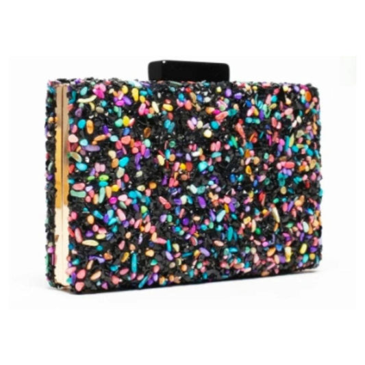 Party bag. BLACK clutch with colored stones. BLACK Clutch