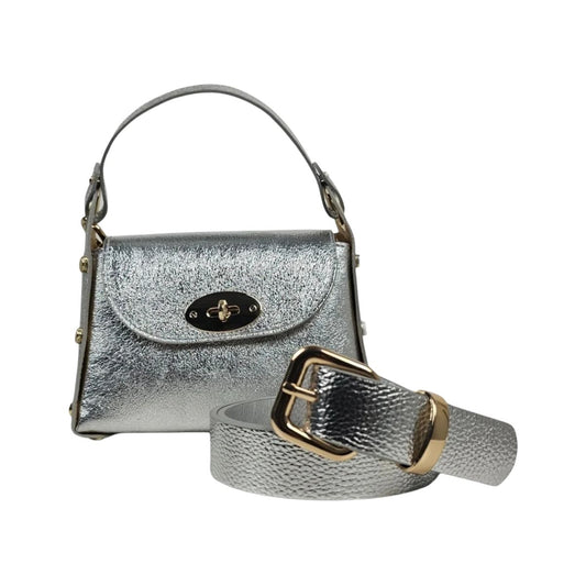 SILVER Belt + Matching Bee Bag. Metallic leather.
