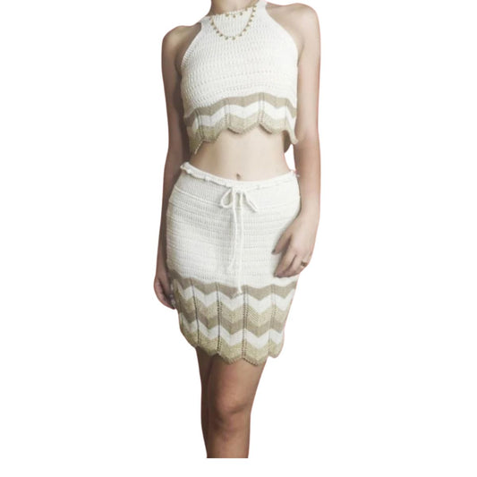 CONJUNTO de crochet Modelo CRISTINA: Falda + top. Colores combinados: beige, tostado y dorado