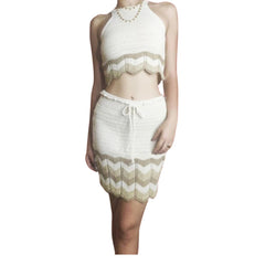 CONJUNTO de crochet Modelo CRISTINA: Falda + top. Colores combinados: beige, tostado y dorado
