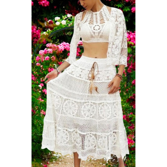 Long white crochet skirt
