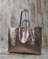 Large metallic leather tote bag in GOLD, SILVER and BRONZE. Very soft skin
