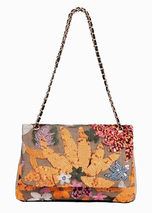 Sequin Tote bag in orange and military green tones. With chains to hang on the shoulder