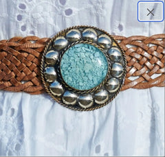 Wide leather belt with Round Buckle. LIGHT TURQUOISE BLUE BUCKLE