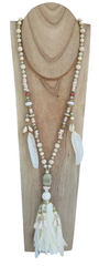 BEIGE and PASTEL PINK long necklace with tassel, shells and feathers
