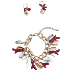 Bracelet + earrings with shell and coral charms in RED and GOLD