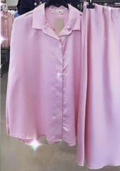 CONJUNTO Talla grande: Conjunto KIOTO: Falda de satén rosa + Blusa de flores en gasa. Da desde la talla 42 hasta la Talla 54