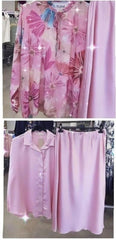 CONJUNTO Talla grande: Conjunto KIOTO: Falda de satén rosa + Blusa de flores en gasa. Da desde la talla 42 hasta la Talla 54