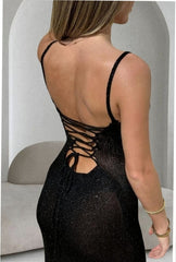 VESTIDO Midi Modelo Máxima. Vestido Glitter Negro. Talla única. Da hasta la 38 - 40