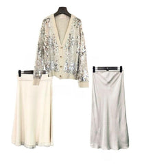 Coleccion HELENA: CONJUNTO de Falda de punto desflecada modelo VAINILLA + Chaqueta de Lentejuelas Helena 1 y 2. Talla única. Da hasta la talla 38-40