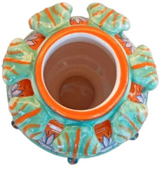 Jarrón de cerámica italiana de la Toscana. En tonos naranja, verde aguamarina y azul. Hecho y pintado a mano. Es una pieza rara