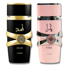 Pack: YARA Mujer + ASAD Hombre de Lataffa. 100 ml. Perfume árabe mujer. Perfume árabe hombre. ALTA PERFUMERÍA