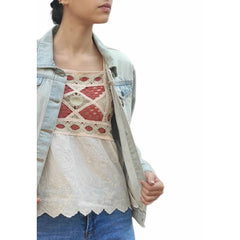 Crochet and cotton top in warm colors