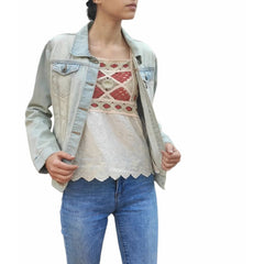 Crochet and cotton top in warm colors