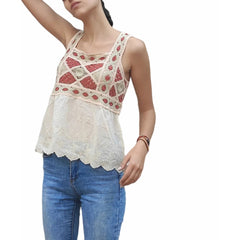 Crochet and cotton top in warm colors