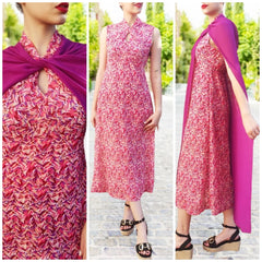 VESTIDO mod. MAXIMA + CHAL. Vestido largo con capa. Muy elegante y juvenil. Estampado en colores rojo, rosa y buganvilla. Da hasta la talla 40