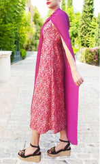 VESTIDO mod. MAXIMA + CHAL. Vestido largo con capa. Muy elegante y juvenil. Estampado en colores rojo, rosa y buganvilla. Da hasta la talla 40