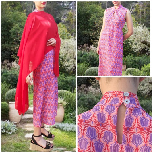 VESTIDO mod. VALENTINA + Capa. Vestido largo con capa de gasa. Estampado en colores rojo, rosa y morado. Da hasta la talla 40.