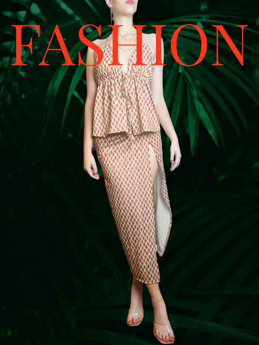 CONJUNTO Mod ROMA. Lurex Dorado, teja oscuro y verde salvia. Falda larga. Talla única. Da hasta la talla 38