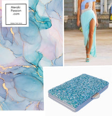 Bolso de fiesta fiesta. Clutch de color azul turquesa con suaves piedras y brillantes. Bolso geoda