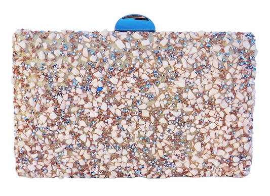 Party bag. Nude, Gold and Silver clutch with soft stones and rhinestones. Party bag