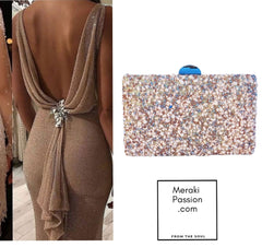 Party bag. Nude, Gold and Silver clutch with soft stones and rhinestones. Party bag