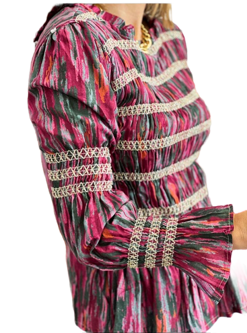 Blusa buganvilla de algodón con fruncidos de nido de abeja en dorado. Talla unica (llega hasta la 38)