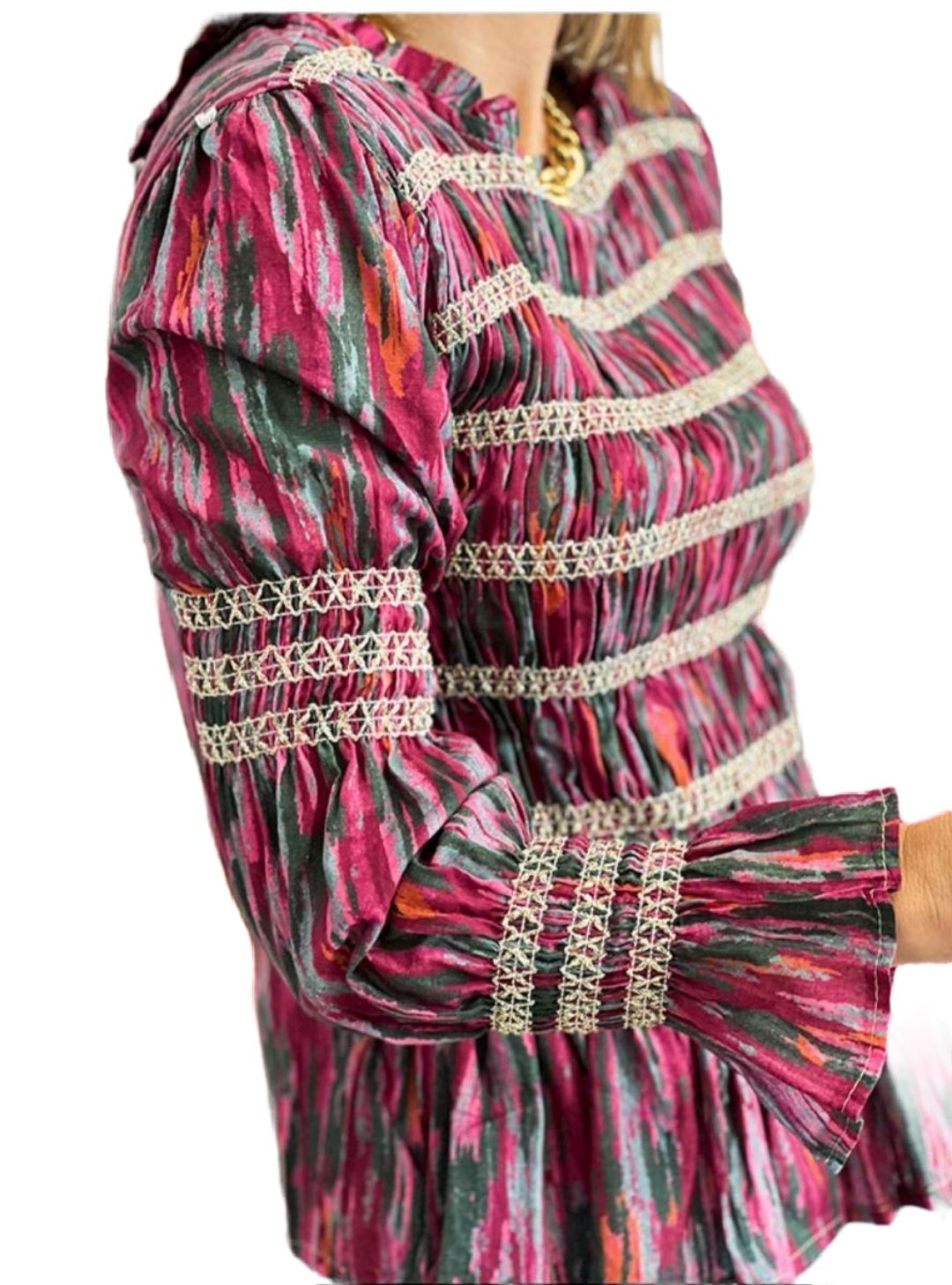 Blusa buganvilla de algodón con fruncidos de nido de abeja en dorado. Talla unica (llega hasta la 38)