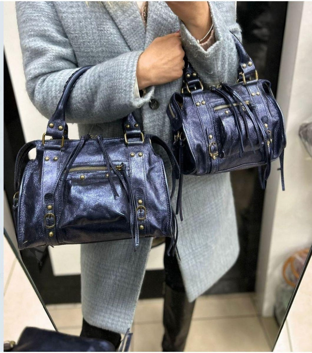 Bolso de piel auténtica en AZUL METALIZADO: Inspiración Balenciaga