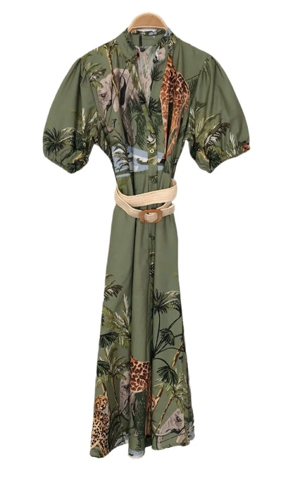 Safari print shirt dress + belt. 100% cotton. Available colors: Black, khaki green, or white. ONE size: up to 100 cm chest.