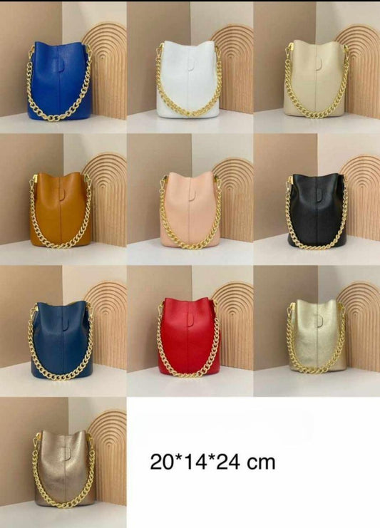 Leather bucket bag with gold chain + long handle. Available in 7 colors