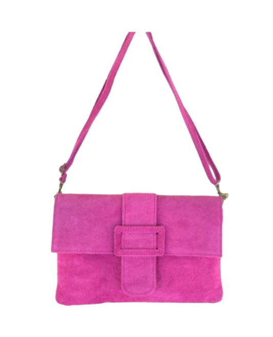 Bolso de ante color ROSA BUGANVILLA. Se puede usar como bandolera o como bolso de mano