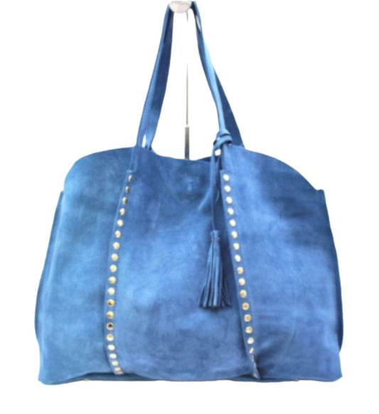 Suede shopper bag with gold rivets.