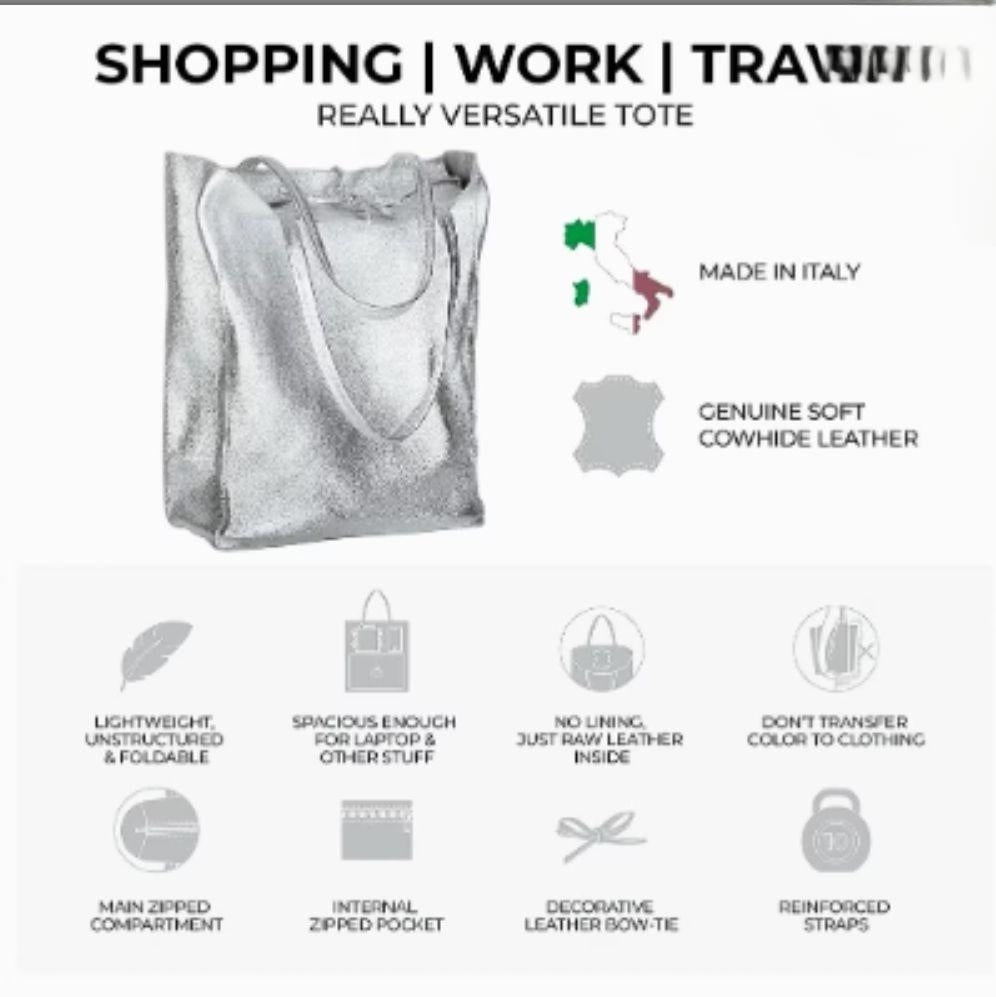 Bolso Tote bag de piel en plateado. GENUINE soft LEATHER. Silver Soft Leather Tote, Silver Shopper, Shoulder Bag Silver, Work Handbag Silver