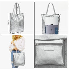 Bolso Tote bag de piel en plateado. GENUINE soft LEATHER. Silver Soft Leather Tote, Silver Shopper, Shoulder Bag Silver, Work Handbag Silver