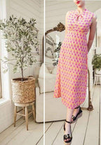 VESTIDO mod. ESTRELLA. Vestido largo elegante. Estampado en colores buganvilla y anaranjado. Da hasta la talla 40