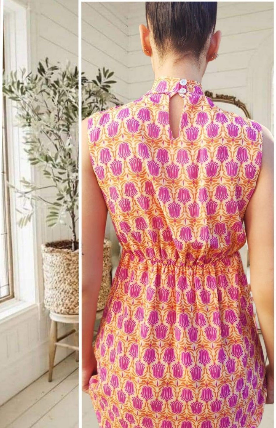 VESTIDO mod. ESTRELLA. Vestido largo elegante. Estampado en colores buganvilla y anaranjado. Da hasta la talla 40