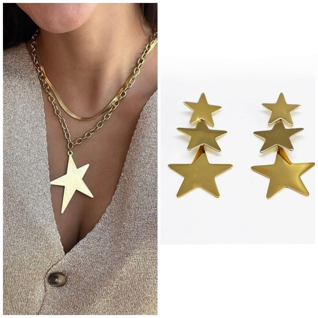 Collar de ESTRELLA en Acero Inoxidable ORO o en PLATA. Cadena Gruesa. Disponibles también PENDIENTES a juego.