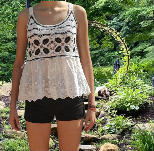 Black and white crochet and cotton top