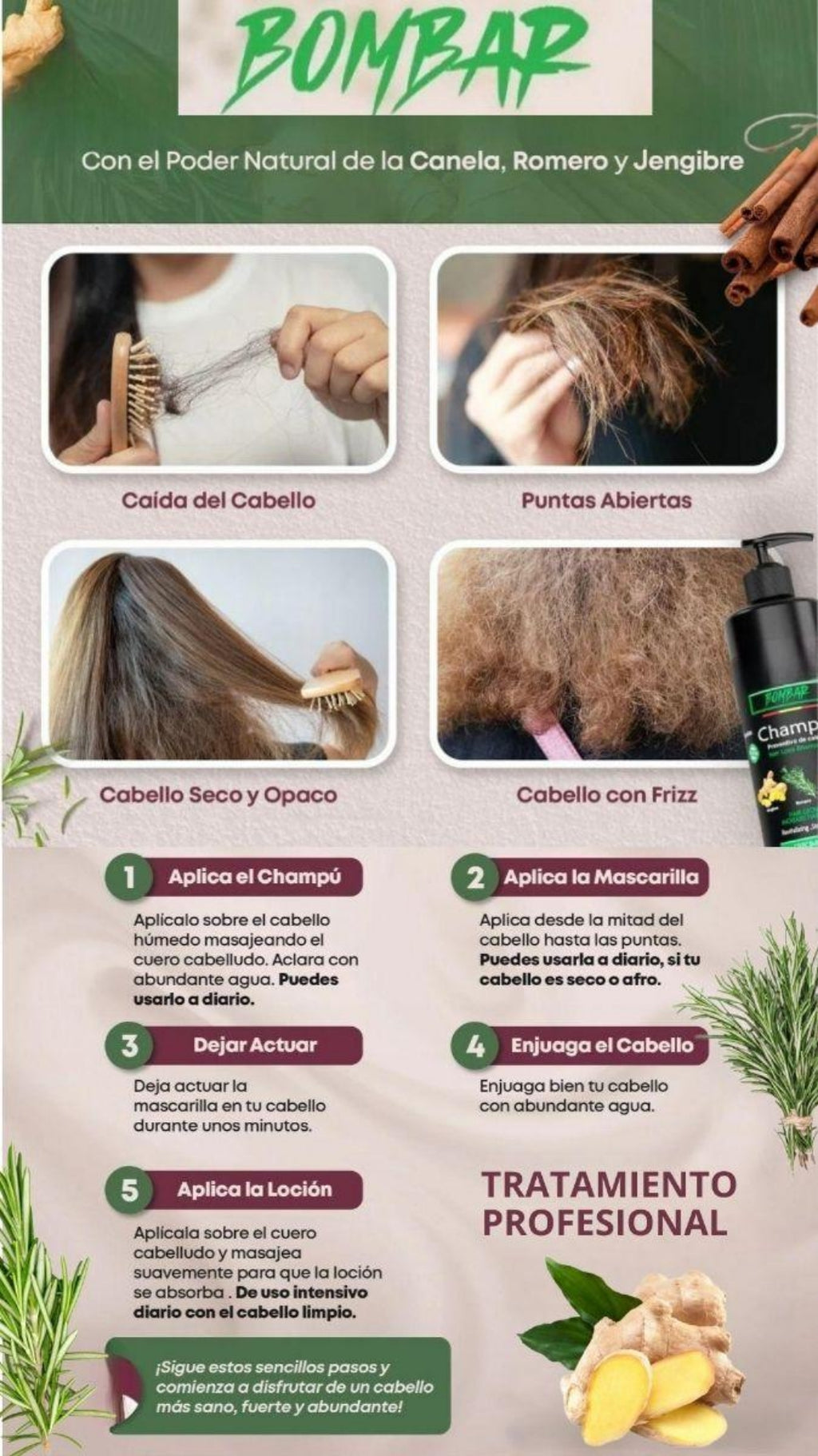 Pack anti caída del cabello. Con estractos naturales de jenjibre, romero y canela. Sin Parabenos ni Sulfatos. Cruelty free
