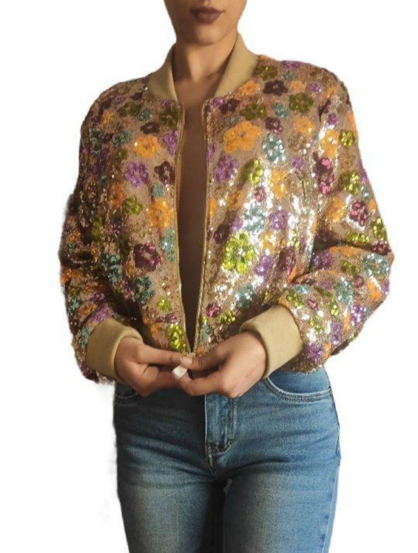 Bomber Mod. MARGARET. Un lujo de chaqueta repleta de elegantes margaritas de lentejuelas.Talla única: Da desde la Talla 36 hasta la 40 - 42. Calidad PREMIUM