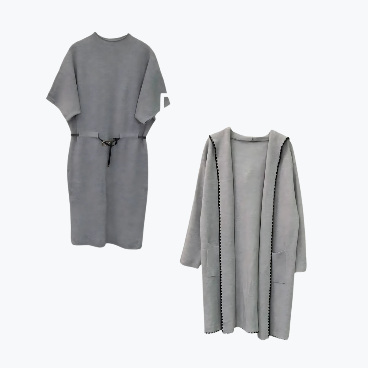 NOVEDAD: Total look : COLECCIÓN HELENA: CONJUNTO de VESTIDO con cinturón + ABRIGO ribeteado. Disponible en color: MARFIL o en GRIS. Talla única. Da hasta la talla 40-42. CALIDAD PREMIUM