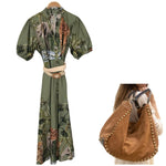 Safari print shirt dress + belt. 100% cotton. Available colors: Black, khaki green, or white. ONE size: up to 100 cm chest.