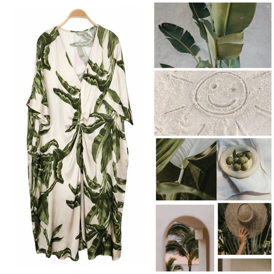 VESTIDO mod. CANARIAS. Satinado, largo midi con estampado tropical. Color BEIGE y VERDE CAQUI. MUY CÓMODO: da desde la 34 hasta la 44. Queda sólo 1 unidad.