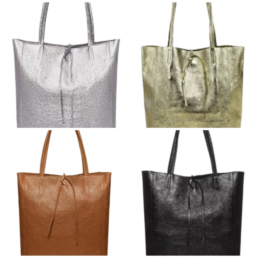 Bolso Tote bag de piel en plateado. GENUINE soft LEATHER. Silver Soft Leather Tote, Silver Shopper, Shoulder Bag Silver, Work Handbag Silver